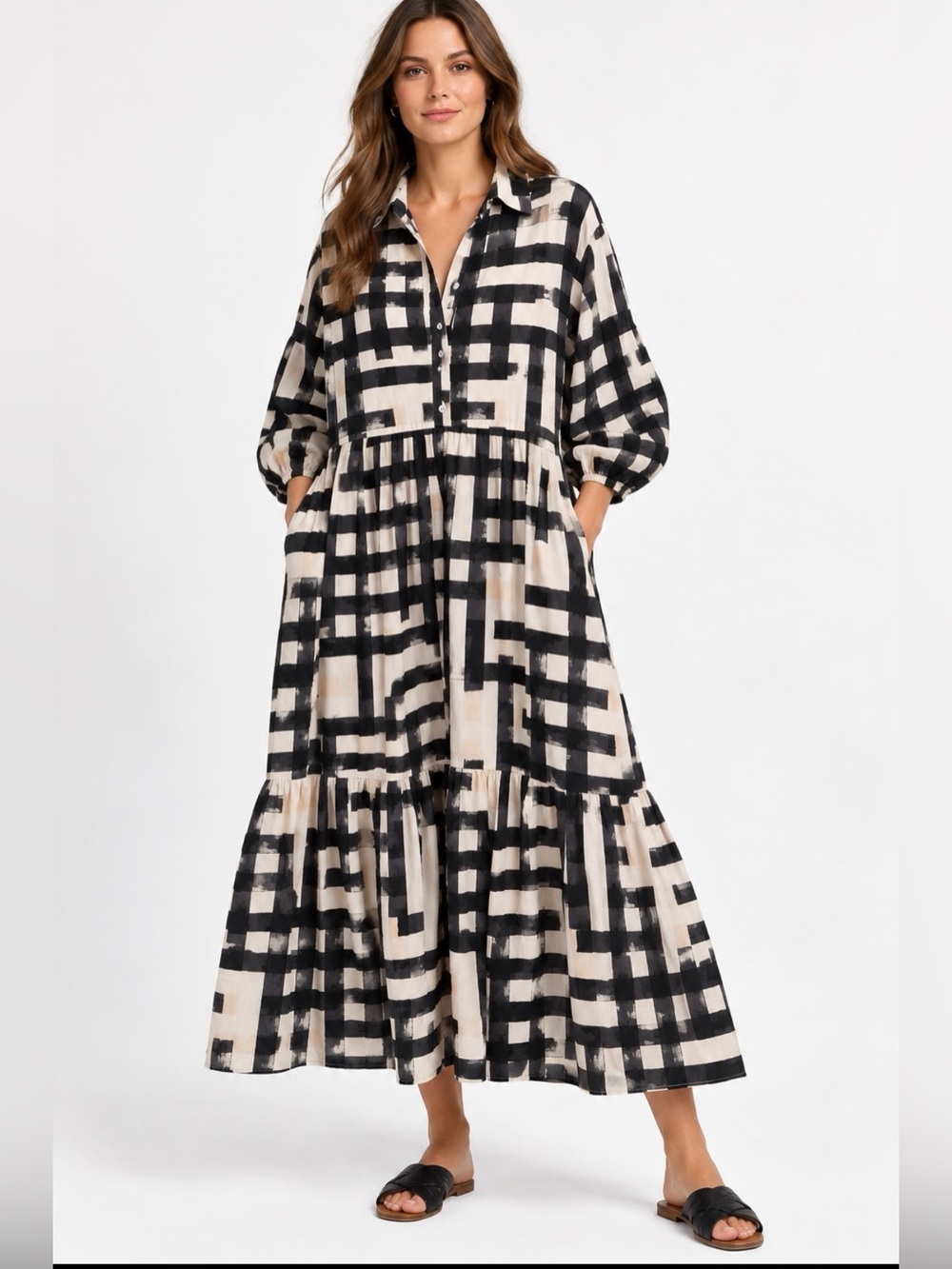 Anthropologie Maeve Bettina Tiered Shirt Dress Black White Size L